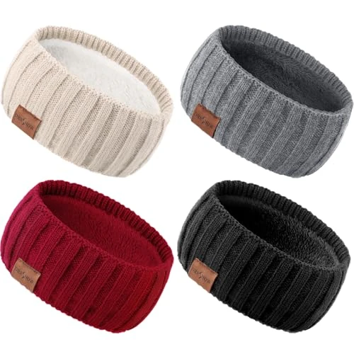 DRESHOW Women Warm Knitted Headband Cold Winter Ear Warmer Elastic Crochet Head Wraps Thick Fleece Lining Hair Bands