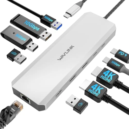 Stacja dokująca do laptopa, WAVLINK koncentrator USB C 10G z podwójnym HDMI, wejście PD 100 W, USB-A/C 3.2, 5 Gb/s USB-A, USB2.0, Gigabit Ethernet dla Dell/HP/Lenovo itp., tylko komputer z systemem