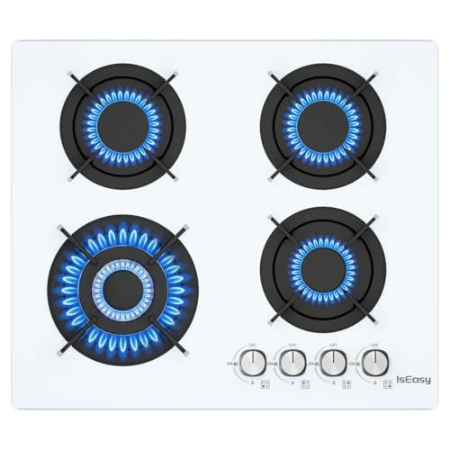 4-Burner Gas Hob, IsEasy Gas Hob with 4 Burners, Gas Table 60 cm – Built-in Stove – City Gas and Bottle – White Glass