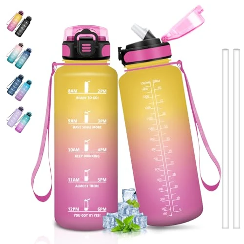 Water Bottle 1.5 Litres, Sports Water Bottle, Gym Water Bottle with Motivational Slogan, Bottle with Straw, Easy to Clean, Sports Water Bottle for Camping, Hiking, Gym, Running, Yoga