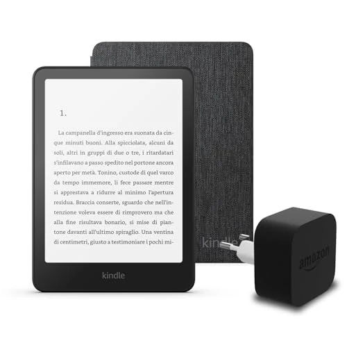 El último Kindle Paperwhite (versión 2024) de 16 GB sin anuncios, una funda de tela de Amazon y un adaptador de corriente Amazon Powerfast de 9 W.