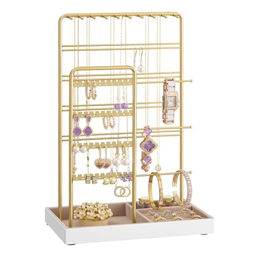 Offerta a tempo: SONGMICS Portagioie, Porta Collane e Orecchini, Espositore per Gioielli, Metallo, Vassoio in Velluto, per Collane Bracciali Orecchini Anelli, Idea regalo, Oro Pallido JJS028A01 - 53% da 39.99 € a 18.90 €