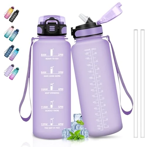 Borraccia 1,5 Litri, Borraccia Palestra Senza Perdite, Borraccie con Cannuccia, Facile da Pulire, Borracce Trekking con Slogan Motivazionale, Borracce per Palestra, Yoga, Ciclismo, Campeggio, Viola