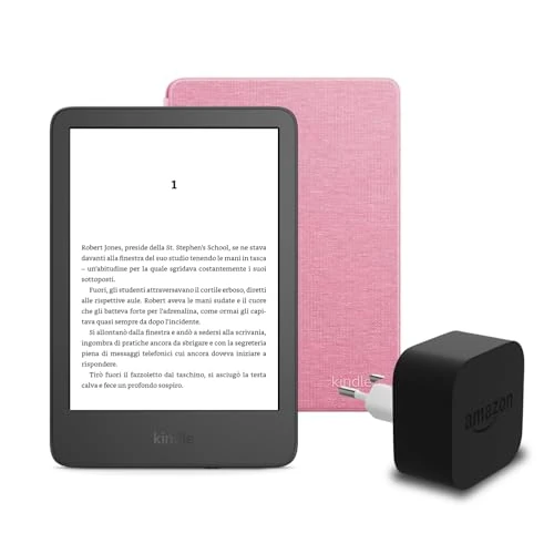 Le nouveau Kindle (version 2024) 16 GB avec publicités, une housse en tissu Amazon et un adaptateur secteur Amazon Powerfast 9 W.