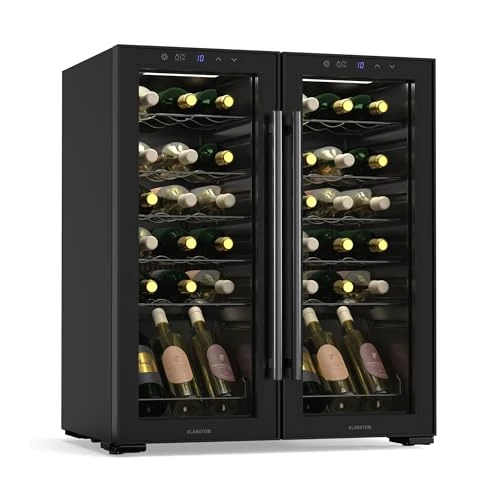 Offerta a tempo: KLARSTEIN Shiraz Cantinetta Vino Nero – 36 Bottiglie, 113 L, Doppia Temperatura | Frigo Vino a Libera Installazione, Porta in Vetro, Silenziosa, 5–18 °C, LED, Telaio Inox - 14% da 690.99 € a 592.43 €