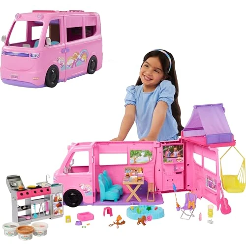 Barbie Súper Caravana DreamCamper Conjunto de juego con tienda de campaña en el techo, columpio, estanque de pesca, barbacoa con función de cambio de color y más de 60 accesorios, incluida masa, HRJ78