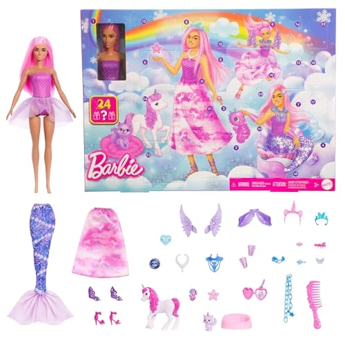 Offerta a tempo: Barbie - Calendario dell'Avvento 2025, bambola trasformabile inclusa e 24 accessori a sorpresa tra cui unicorno e 3 cuccioli, giocattolo per bambini, 3+ anni, JFL66 - 40% da 29.99 € a 17.99 €