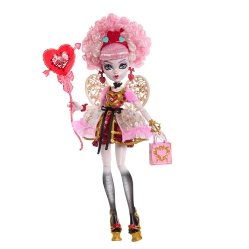 Monster High - Cupid Asteria Scary Sweet Birthday, bambola con abito da party rosa e rosso e accessori a tema, palloncino, regalo e invito inclusi, giocattolo per bambini, 4+ anni, JBG77