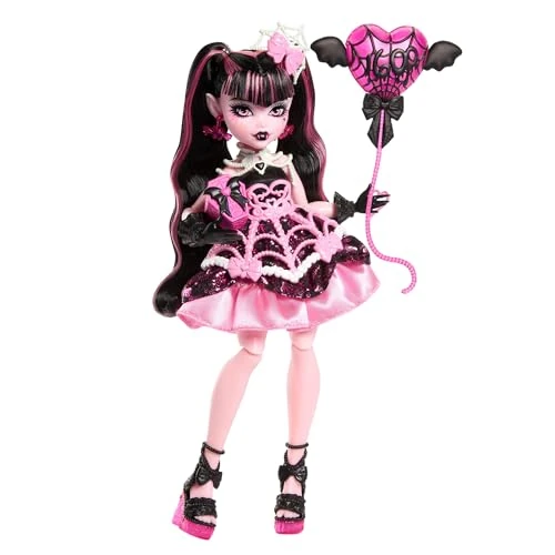 Monster High Scary Sweet Birthday Doll, Draculaura in Pink Party Dress with Themed Accessories like Invite, Balloon, Gift, Fan and More, JBG74
