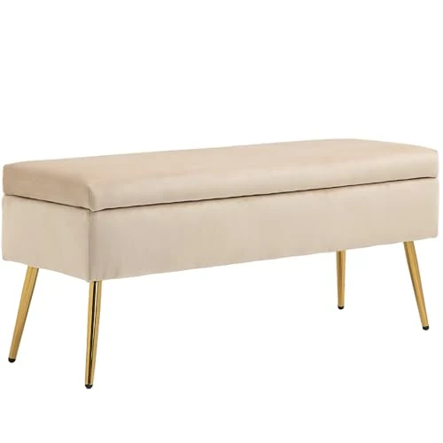 HOMCOM Banc de couchage rembourré de 30,5 l avec pieds coniques, banc de rangement en tissu effet velours, 102 x 35 x 43 cm, beige