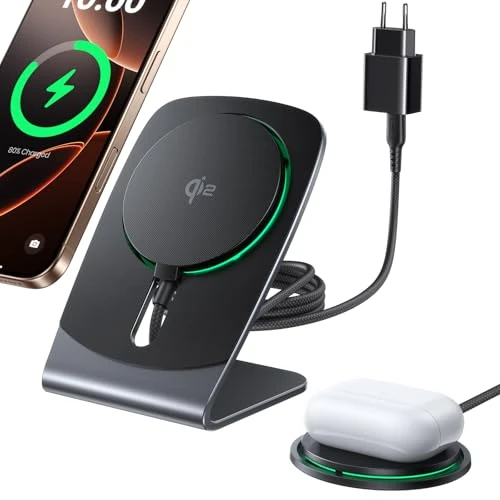 INIU Wireless Charger for iPhone 15W Qi2 Certified Magnetic Fast Charging Base and Mobile Holder, Mag-Safe Wireless Charger for iPhone 17 16 15 14 13 Pro Max Mini AirPods 4 3 (with Adapter