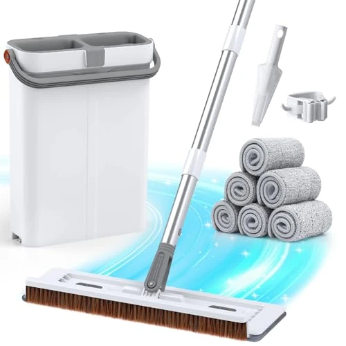 Tijdelijke aanbieding: vlakmop en emmerset, nat en droog te gebruiken mop voor het reinigen van vloeren met 6 microvezel mopsponzen, was- en knijpemmer, schraper, mophouder - 40 x 12 x 135 cm van 20.37 EUR naar 20.37 EUR (korting 0%)