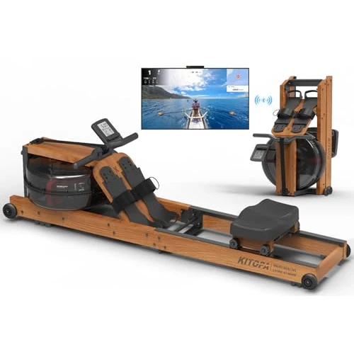 Kitopa Wioślarz wodny, składany wioślarz domowy z drewna dębowego z monitorem Bluetooth i regulowanym uchwytem na telefon, waga 200 kg