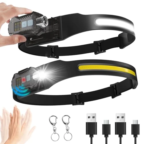 Lampada Frontale LED Ricaricabile 1200mAh, 230° Sensore Angolare Staccabile, 9 Modalità di Luce, IPX65 Impermeabile per Escursionismo Campeggio