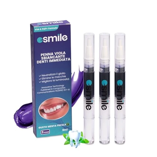 Offerta a tempo: Esmile Set di 3 Penne Gel Sbiancanti Viola, 2 ml | Con Pennello, Sbiancamento Denti Istantaneo, Facile Applicazione - 0.00% da 9.97 € a 9.97 €