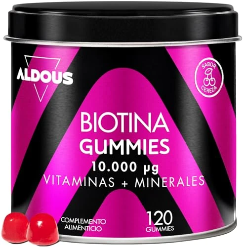 Biotina Capelli 10000 mcg - 120 Caramelle Gommose gusto Ciliegia - Integratore per Capelli, Pelle, Unghie - Acido folico, Zinco, Selenio, Iodio - Vitamine per Capelli - Vegan - ALDOUS