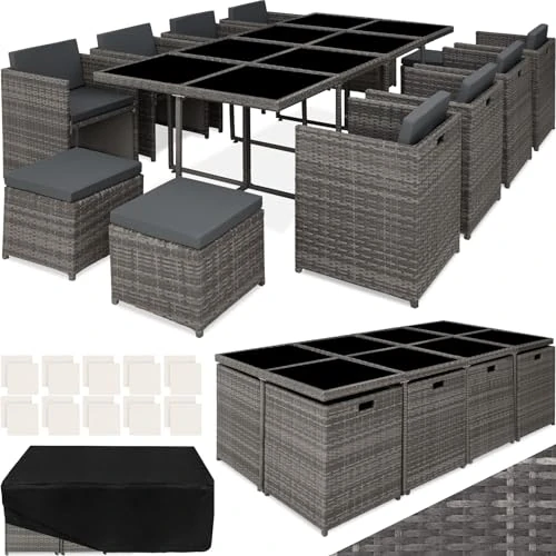 Offerta a tempo: tectake® Set di Mobili da Giardino in Poli Rattan, 8 Sedie, 1 Tavolo, 4 Sgabelli, Rivestimenti Rimovibili e Idrorepellenti, Salvaspazio, Sistema a Incastro, Set Giardino, Esterno – Grigio - 0.00% da 649.90 € a 649.90 €