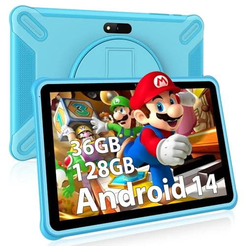 FASTWD Andorid 14 tablet voor kinderen, 10 inch, 36 GB RAM, 128 GB ROM (uitbreidbaar met SD), WiFi 5G, BT 5.0, 5 MP + 2 MP, ouderbediening, HD-IPS-scherm, leertablet (blauw)