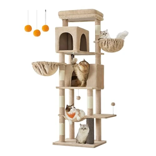 Offerta a tempo: Feandrea Albero per Gatti Grande, Torre Tiragraffi Alto 175 cm, Multilivelli con 2 Grotte, 2 Cestini, 5 Graffiatoi, Autospazzola, Trespolo, Amaca, Marrone Cammello PCT182K01 - 35% da 99.99 € a 64.59 €
