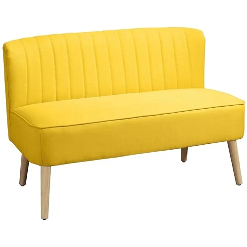 HOMCOM Modernes 2-Sitzer-Sofa aus Stoff ohne Armlehnen, Wohnzimmer-Sofa mit Holzbeinen, 117 x 56,5 x 77 cm, Gelb