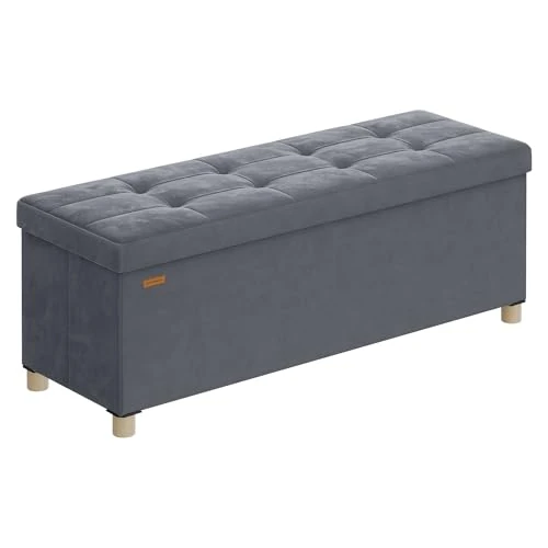 SONGMICS Pouf Contenitore, Cassapanca Pieghevole, 38 x 110 x 40 cm, Sgabello Poggiapiedi, 112 L, Superficie in Velluto, per Camera da Letto Soggiorno, Grigio Ardesia LSF0518G02