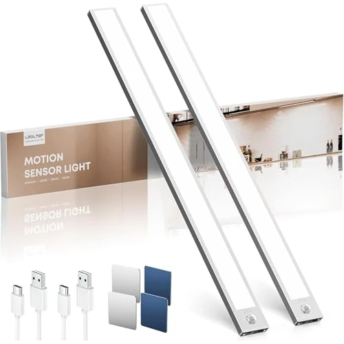 LROLTEF Luce LED Sottopensile Cucina 6500K 50CM Sensore di Movimento per Luci 3000mAh 84 LED Luce Armadio Lampada Dimmerabile per Cucina Scale Soggiorno Bagno Camere da Letto | 2 Pezzi Argento