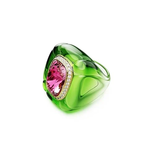Swarovski Bague cocktail Dulcis, anneau vert accompagné d'un cristal taille coussin rose, entouré d'un pavé blanc, design inspiré Pop Art, éclat ludique et contemporain, placage de ton or, taille 50