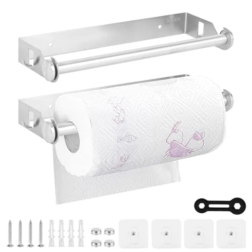 Offerta a tempo: NZZVNZ Portarotolo da Cucina Acciaio Inox 28cm 2 Pezzi, Porta Rotolo da Cucina con Doppia Scanalatura Sotto Armadio Adesivo o Installazione di vite, Porta Scottex per Casa Cucina Bagno - 44% da 15.99 € a 8.99 €