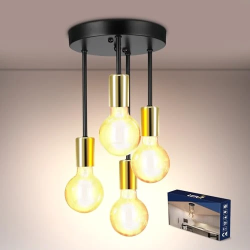 Letlit 4 Flames Ceiling Light - Vintage Ceiling Light Black + Gold, E27 Kitchen Hanging Lamp Chandelier, Retro Industrial Ceiling Spotlights for Dining Room, Kitchen, Living Room, Bar