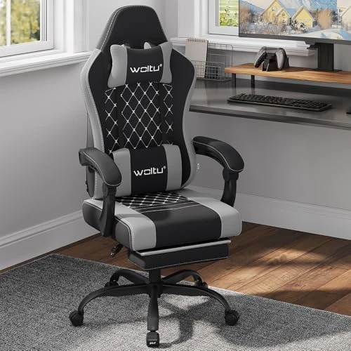 Offerta a tempo: WOLTU Sedia Gaming con Massaggio, Poltrona Ufficio Ergonomica, Ampia Sedia Girevole Imbottita per Computer con Cuscino Lombare Massaggiante, Carico 150 Kg, Tessuto a rete Nero+Grigio - 12% da 129.99 € a 114.02 €