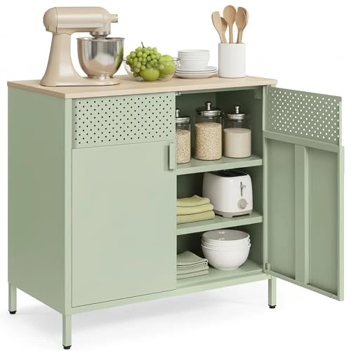 SONGMICS Meuble de Rangement, Buffet, en Métal, Double Porte, Fermeture Magnétique, Cadre en Acier, 40 x 80 x 76 cm, Vert Laurier et Couleur Chêne Naturel LSC102C01