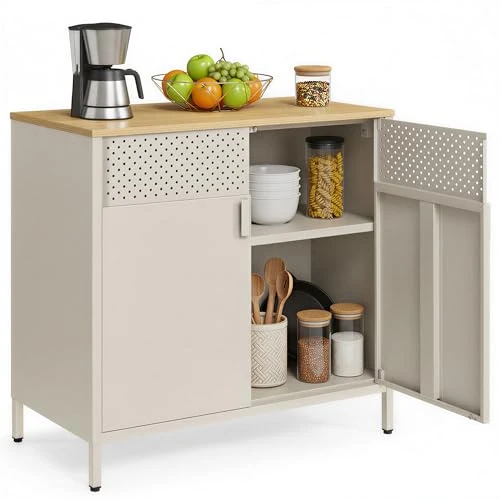 SONGMICS LSC102L01 Mobile Metal Wardrobe with Double Doors, Magnetic Closure, Adjustable Shelves, Steel Frame, 40 x 80 x 76 cm, Sand Beige and Natural Beige