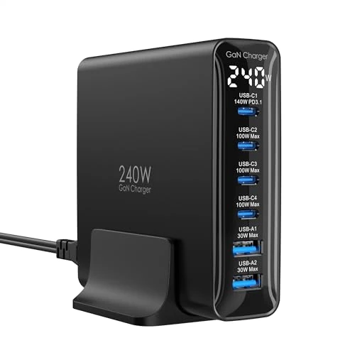 240W Caricatore USB C 6 porte, Caricabatterie GaN PD3.1 con display LED, Stazione di ricarica rapida da tavolo per MacBook Pro/Air, per iPhone Pro/iPad Pro/Dell XPS/Galaxy/Laptop e altro, Nero