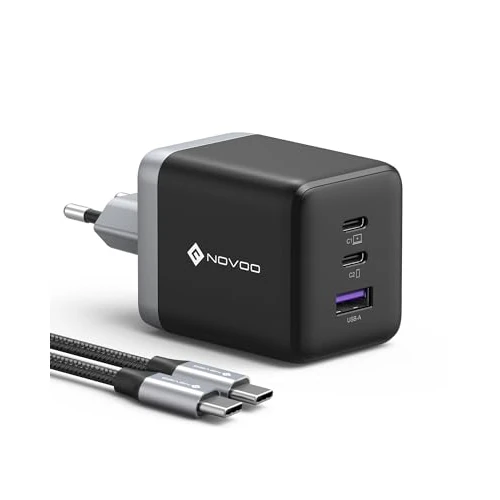NOVOO Caricatore USB C, 100W Caricabatterie Con Cavo USB-C PD, GaN Ⅲ 3 Porte Veloce Caricatore per MacBook Pro, Dell XPS 13, iPad Pro, iPhone 16/15/14/13/12, Galaxy S24 Ultra