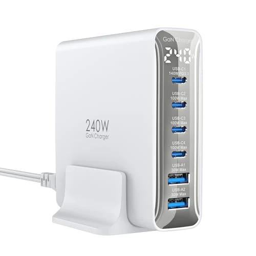 Ładowarka USB C 240W, 6 portów, Ładowarka PD3.1 GaN z wyświetlaczem LED, Stacja Szybkiego Ładowania na Biurko do MacBook Pro/Air, do iPhone Pro/iPad Pro/Dell XPS/Galaxy/laptopów i innych, Biały