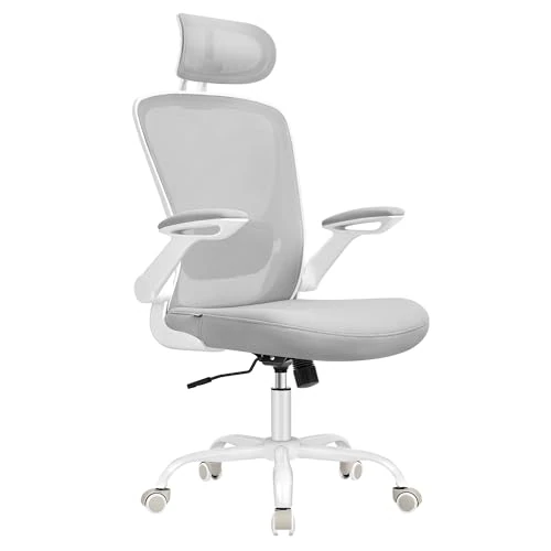 Offerta a tempo: SONGMICS Sedia da Ufficio Girevole, Sedia di Rete da Computer Ergonomica, Supporto Lombare, Oscillante, Seduta 53 cm, Braccioli Pieghevoli, Poggiatesta, Grigio Tortora OBN047G01 - 23.56% da 89.99 € a 68.79 €