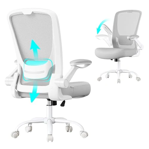 SONGMICS Bürostuhl ergonomisch, Drehstuhl mit Mesh, Lenden- und Kopfstütze, Wippfunktion, 53 cm große Sitzfläche, klappbare Armlehnen, Arbeits- und Schlafzimmer, Studenten, hellgrau OBN037G02