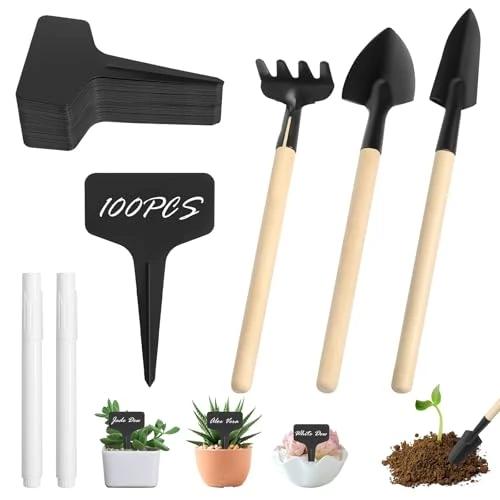 Pack of 100 Plant Signs Weatherproof Labelling Signs Plant Stakes with 3 Garden Shovel Small and 2 Markers Garden Tool Set for Vegetables Flowers Potted Plants Herbs