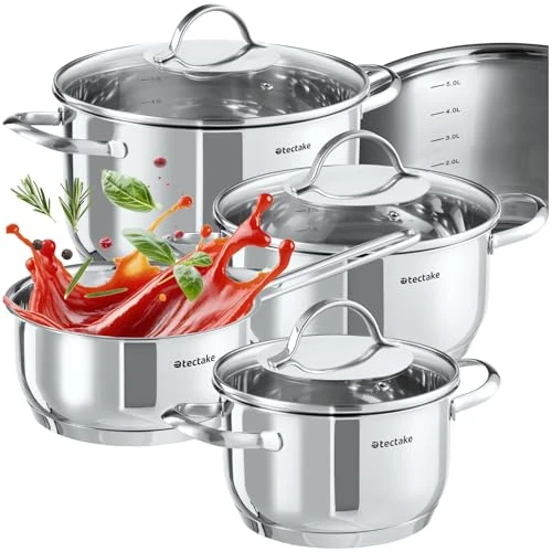 Offerta a tempo: tectake® Set di Pentole, 7 Pezzi, Acciaio Inossidabile di Alta Qualità, Adatto a Induzione, Gas, Elettrico, 3 Pentole con Coperchio e Casseruola con Manico, Lavabili in Lavastoviglie - 21% da 88.99 € a 69.99 €