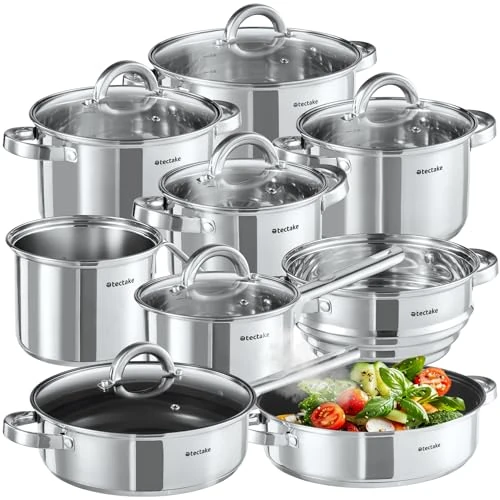 Offerta a tempo: tectake® Set di Pentole, 15 Pezzi, Acciaio Inossidabile di Alta Qualità, Adatto a Induzione, Gas, Elettrico, Padelle Antiaderenti, Lavabili in Lavastoviglie, Coperchi Abbinati - 21% da 138.99 € a 109.99 €