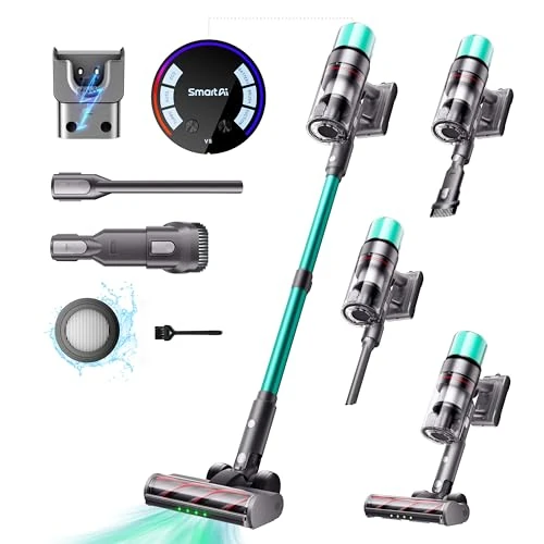 SmartAI V5 Aspiradora sin Cable, 55Kpa/600W/80Mins Aspirador Escoba Vertical Potente con Modo Automático, Alta Capacidad Batería Aspirador Inalámbrico Antienredo para Suelo/Alfombra/Pelos de Animales