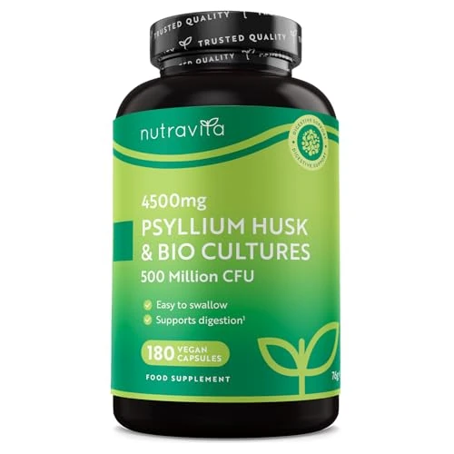 Limited offer: Nutravita Psyllium Husk 4500mg with 500 Million CFU, 180 Psyllium Husks Capsules for 3 Months of Supply - Fibre Supplement Psyllium Husk Powder Alternative - Made in The UK from 23.99 EUR to 20.39 EUR (save 15%)
