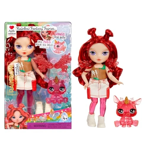Rainbow High Littles Rainbow Fantasy Fairies & Pet - Apple, Rosso - Bambola Piccola da 14 cm Snodata e Animaletto Magico Cerbiatto con Ali da Fata Intercambiabili. Età 4+