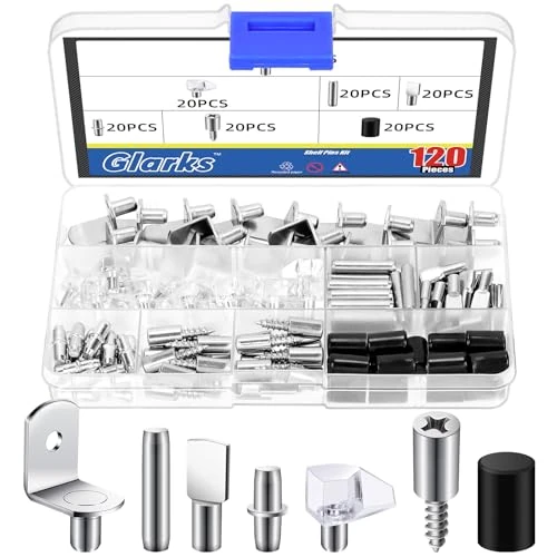 Offerta a tempo: Glarks Kit di 140 pioli per mensole, 6 stili, include perni di supporto in plastica per scaffali, pioli piatti, perni cilindrici, pioli di supporto per mensole a forma di L, perni di tassello, perni a - 47% da 16.99 € a 8.99 €