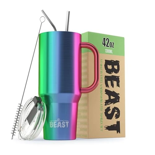 Limited offer: Beast Tumbler with Handle - 1300 ml (42 oz), Rainbow | Reusable Stainless Steel, Vacuum Insulated Cup | with + 2 Straws & Cleaning Brush | Double Wall Travel Flask Perfect for Hot or Iced Coffee from 31.18 EUR to 31.18 EUR (save 0%)