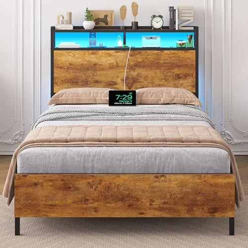Offre limitée : Brinlawb Cadre de Lit 90x200 avec sommier en Métal, Lit 90 x 200 cm avec LED et Multiprise (2 Prises CA, 2 Ports USB), lit 1 personne avec étagère de rangement, Facile à assembler, Marron Vintage Noir de 89.99 € à 89.99 € (0.00% de remise)