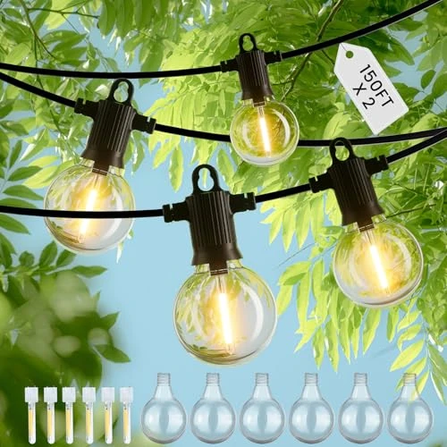 ZOTOYI 300FT/91M IP65 LED String Lights Outdoor with 146+6 LED Bulbs Waterproof, Warm White String Light Bulb for Evening in a Garden, 2 x 150 Feet