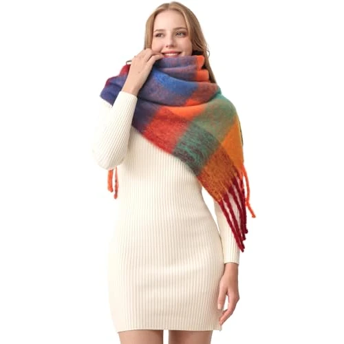 Offerta a tempo: HOTIAN Sciarpa da donna invernale calda sciarpa colorata spessa avvolgente scialle oversize a quadri sciarpa autunnale morbida calda sciarpa coperta, Arancio/blu, Taglia unica - 38% da 15.99 € a 9.99 €