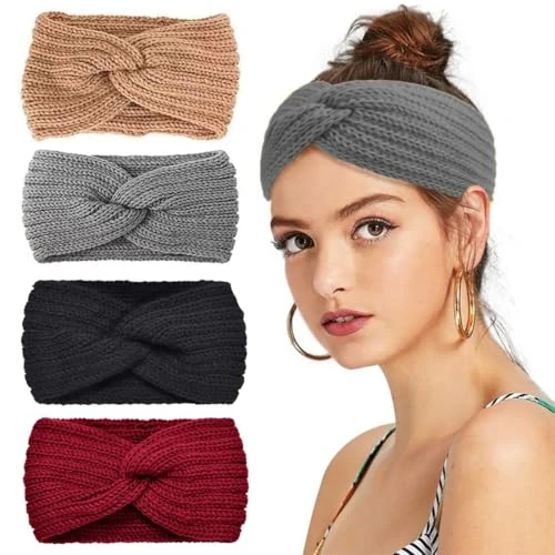 QOMJUFA 4 stuks elastische hoofdband voor dames en meisjes, hoofdband voor dames en meisjes, gebreide hoofdband, haarband, oorwarmer, elastisch, herfst en winter, veelzijdige hoofdband voor dames