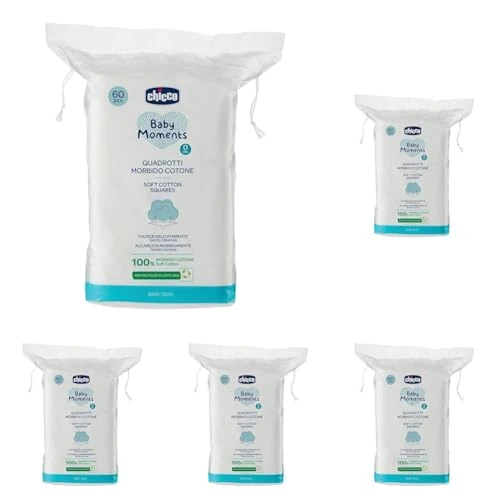 Chicco Baby Moments Quadrotti Morbido Cotone, Pulisce Delicatamente e Accarezza Morbidamente, Baby Skin, Bianco, 60 Pezzi, 0+ Mesi (Confezione da 5)